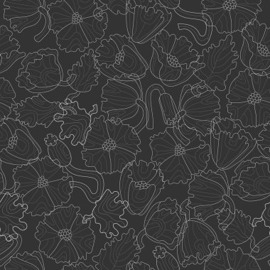 Çiçekler, yapraklar ve haşhaş kontur tomurcukları ile Seamless Modeli