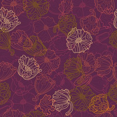 Çiçekler, yapraklar ve haşhaş kontur tomurcukları ile Seamless Modeli