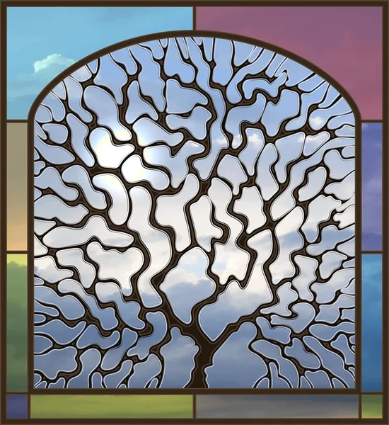 Ilustración en vidriera con vista a la ventana con un árbol contra el cielo — Vector de stock