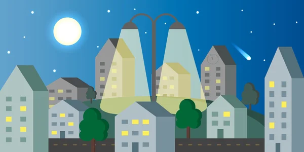 Paisaje nocturno de la ciudad con farola y cometa cayendo, diseño plano — Vector de stock