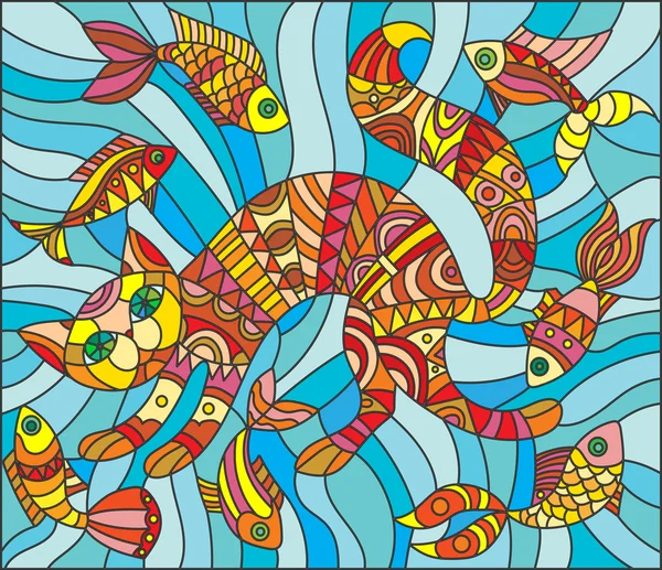 Εικονογράφηση στο λεκιασμένο γυαλί στυλ αφηρημένη γάτα και ψάρια — Διανυσματικό Αρχείο