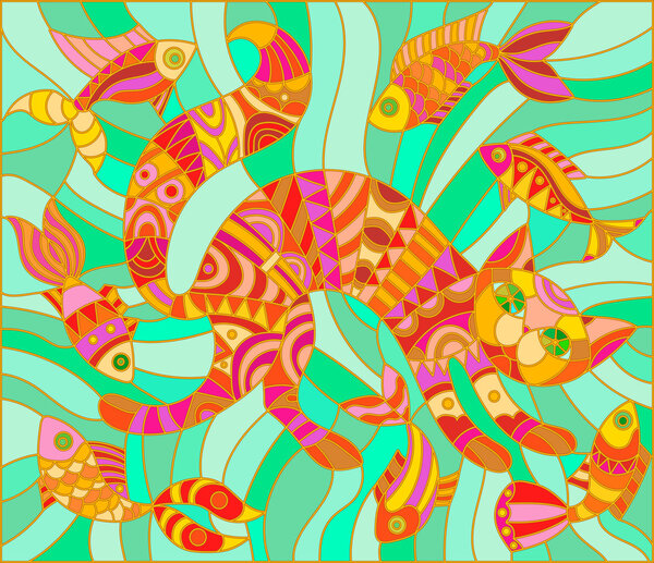 Иллюстрация в стиле витража абстрактные кошка и рыба
