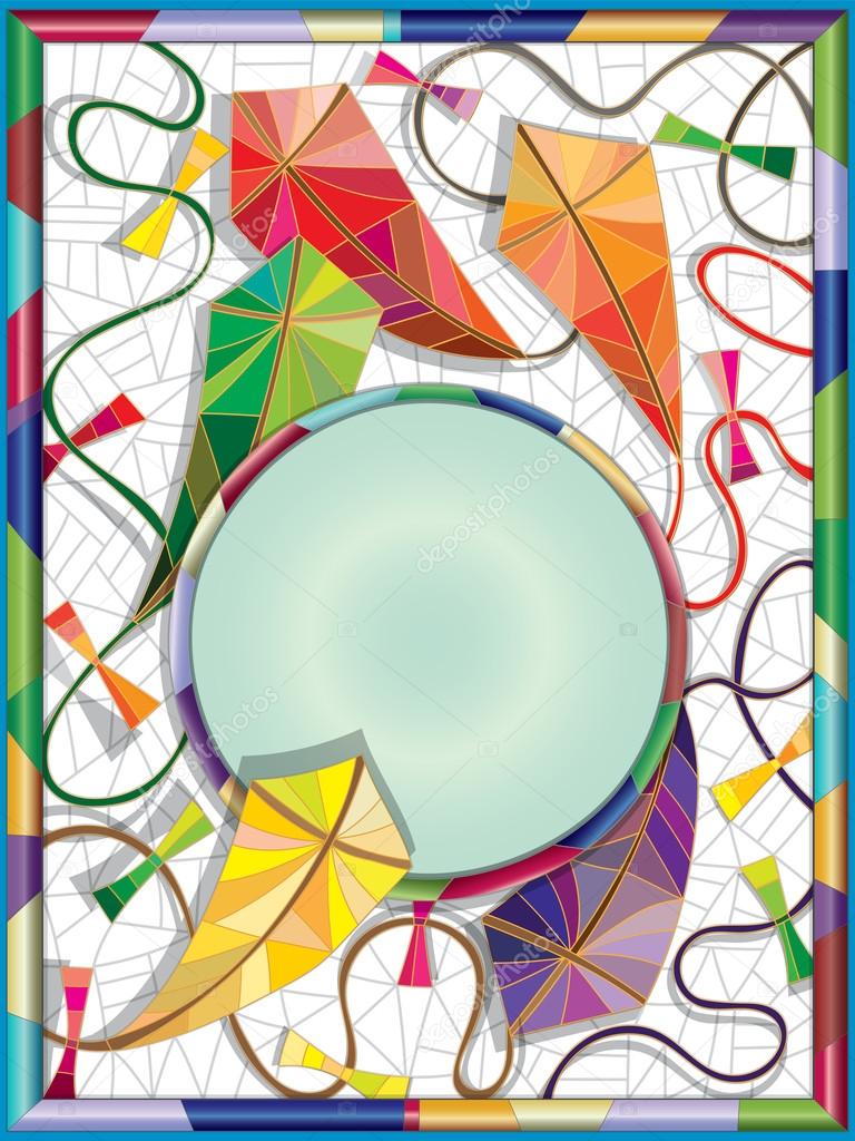 Colorful kites in the sky in the stained glass style