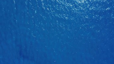 Sahne, parlak güneş ışığı altında küçük dalgaları olan uçsuz bucaksız mavi bir okyanusu gösteriyor. Yüzey ışığı yansıtır, parıldayan bir etki yaratır. Denizde açık bir günü yakalıyor..