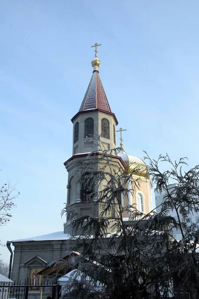 Rusya Omsk, Sibirya 'daki Kutsal Şehit Kilisesi Paraskeva Pyatnitsa. Fotoğraf 04.02.2021 'de Omsk' ta çekildi..
