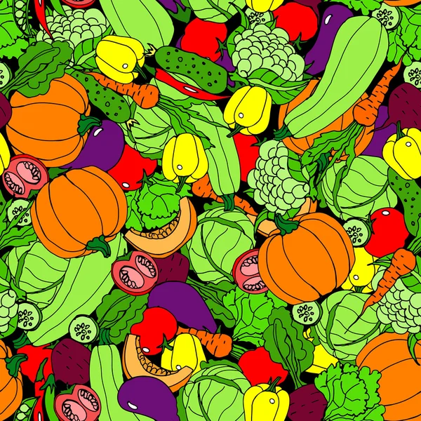 Fondo sin fisuras vegetales. Dibujos animados, dibujo a mano, calabaza, calabacín, pimientos, picante, chile, guisantes, tomate, coliflor, col, lechuga, pepino, berenjena, remolacha, zanahorias — Vector de stock