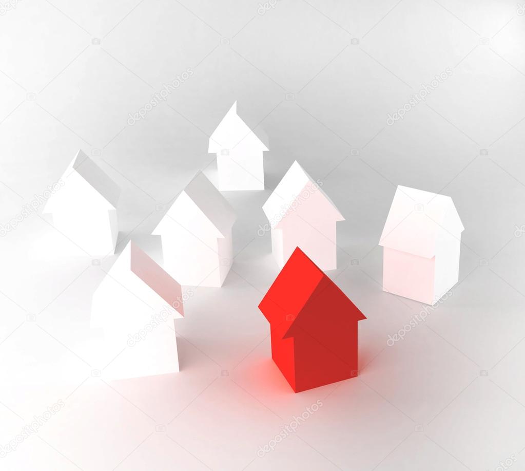 Many homes. One is the best. Red. Red house surrounded by white houses. White background. Concept.