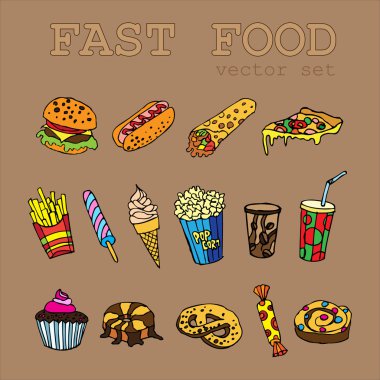 Soda, peynirli burger, patates kızartması, dondurma, hotdog, pizza, tatlılar, çörek, patlamış mısır, shawarma fastfood tasarımı için çizgi film gıda simgeler logolu kümesi
