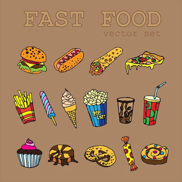 Conjunto de iconos de comida de dibujos animados logotipo con un refresco, hamburguesa con queso, papas fritas, helado, hot dog, pizza, dulces, donut, palomitas de maíz, shawarma para el diseño de comida rápida — Vector de stock