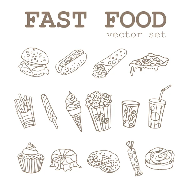 Soda, peynirli burger, patates kızartması, dondurma, hotdog, pizza, tatlılar, çörek, patlamış mısır, shawarma fastfood tasarımı için el-çizim gıda simgeler logolu kümesi