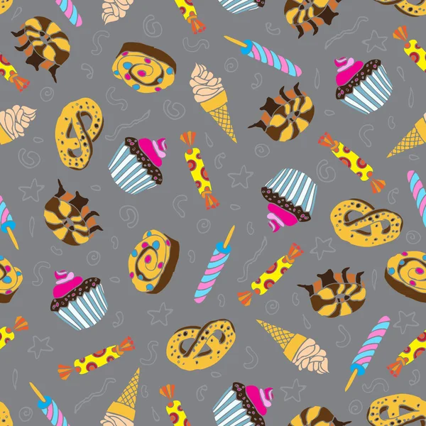 Бесшовный узор со сладостями и десертами: кекс, мороженое, пончик, крендель. Вектор стиля мультфильма — стоковый вектор