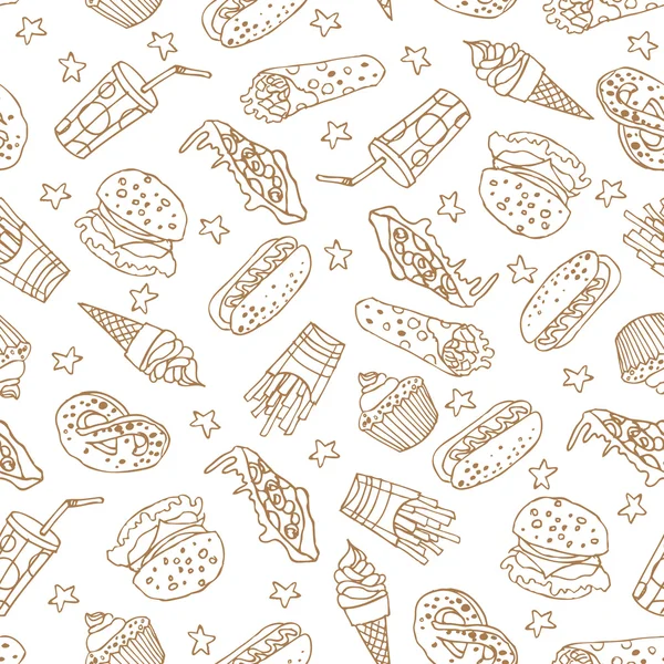 Modèle sans couture vectoriel avec dessiné à la main un soda, cheeseburger, frites, crème glacée, hot-dog, pizza, bonbons, beignet, pop-corn, shawarma pour menu de restauration rapide . — Image vectorielle