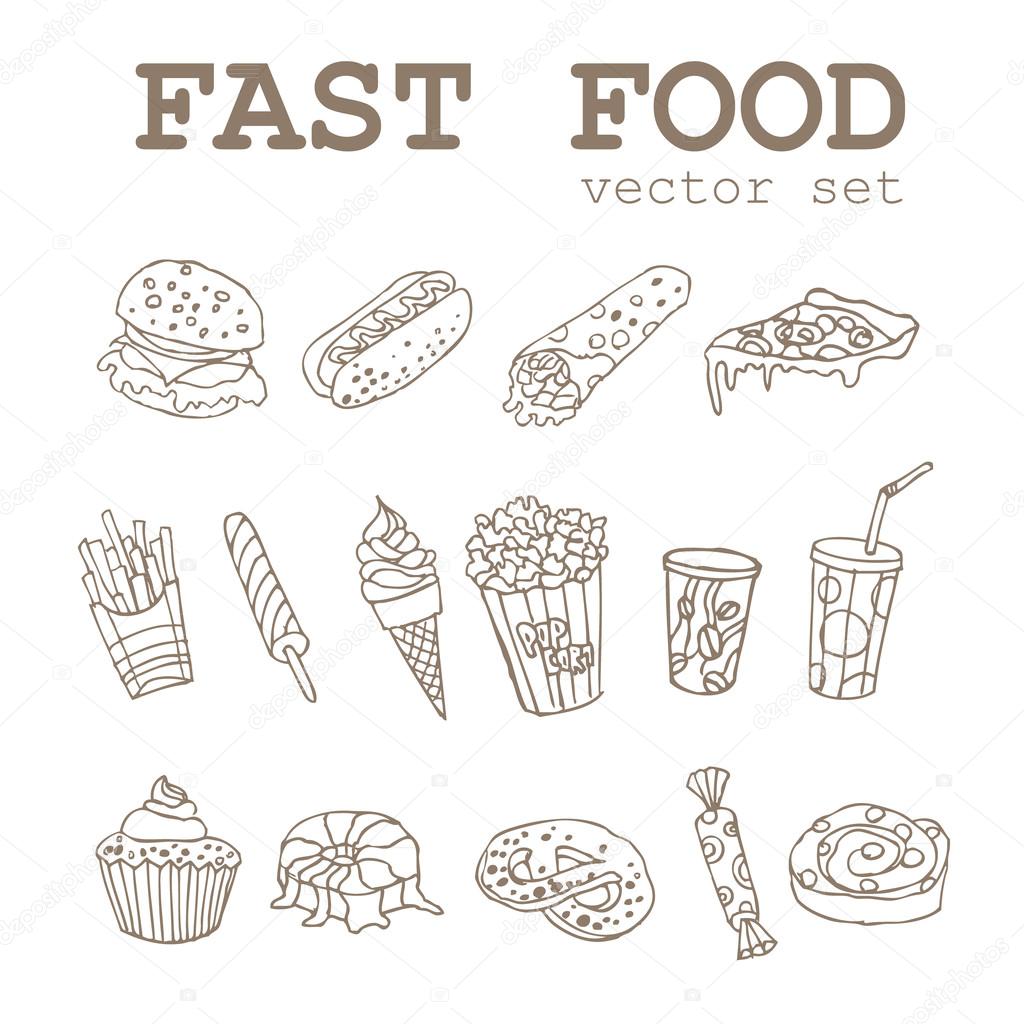 Set of  hand-drawing food icons logo with a soda, cheeseburger, french fries, ice cream, hotdog,  pizza, sweets, donut, popcorn, shawarma for fastfood design