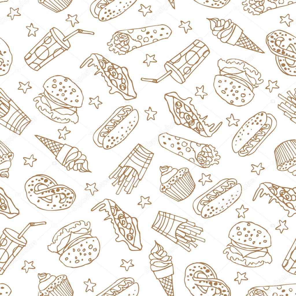 Vector seamless pattern with hand drawn  a soda, cheeseburger, french fries, ice cream, hotdog,  pizza, sweets, donut, popcorn, shawarma for fast food menu.