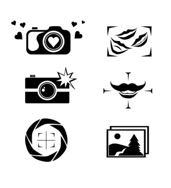 Kamera logo, simgeler, düğmeler tasarım kümesi. Beyaz bir arka plan üzerinde fotoğraf tasarım öğeleri