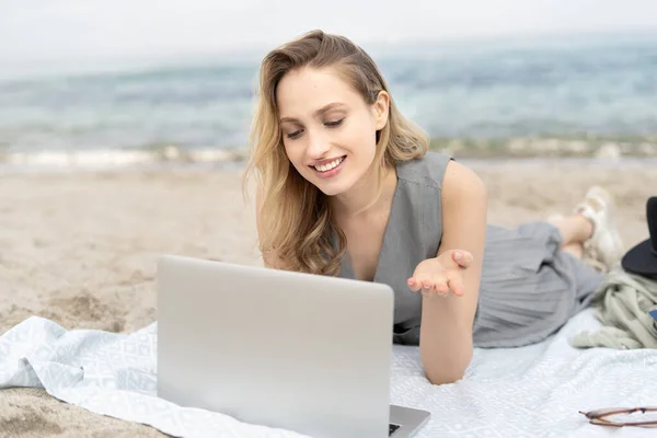 Young Cheerful Woman Working Laptop Computer Smile Lying Beach Talking Fotos De Bancos De Imagens