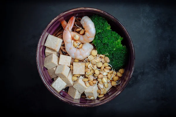 Soba with tofu, lentils sprouts, shrimp — Stock Image Soba with tofu, lentils sprouts, shrimp Stock Image