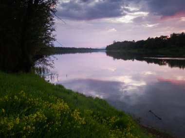 Gece boyunca gökyüzünden kasvetli bulutların yansımasıyla Sava nehrinin yaz manzarası. Batan güneş aydınlatacak ve bulutları mora boyayacak..
