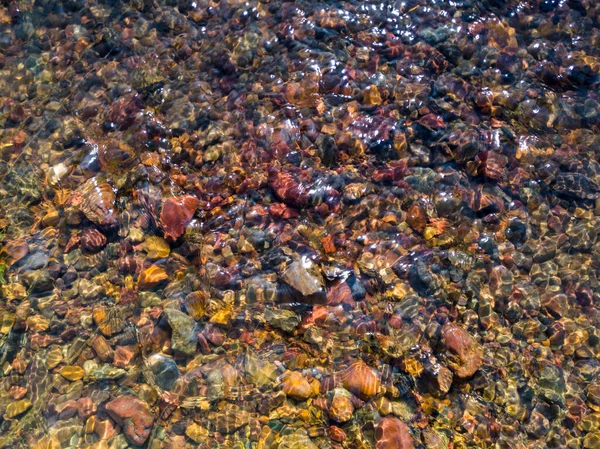 Detalhe Riacho Água Rasa Flui Sobre Cascalho Colorido Durante Dia — Fotografia de Stock