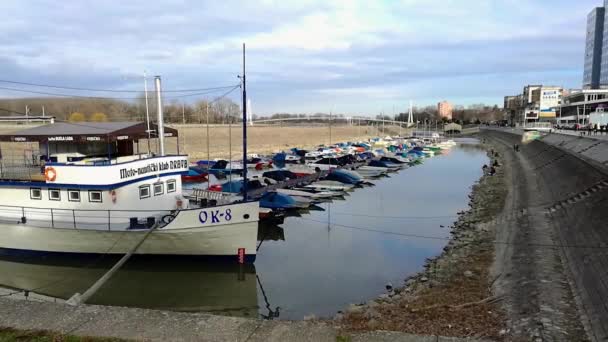 Zimní Přístav Kotvícími Čluny Podél Řeky Drávy Osijeku Chorvatsko Během — Stock video