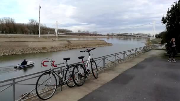 Vista Panorámica Del Río Drava Con Puente Juventud Osijek Croacia — Vídeo de stock