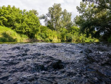 Nehrin akıntılı manzarası ve yansımalı düz yüzeyi, yeşillikle kaplanmış bankalar, güneşli yaz gününde çimen ve ağaçlarla dolu nehir bölgesi, doğal ekosistem.