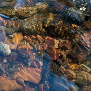 Güneşli bir günde yüzeyde dalgalanan taşlarla sığ deredeki ışığın kırılması
