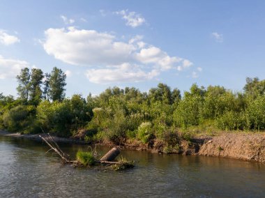 Nehrin ortasındaki kütük ve çakıllı kıyılar güneşli yaz günlerinde çimlerle kaplanmış.
