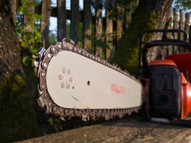 Keskin dişli eski elektrikli testere bıçağı ve zinciri kapatın. Ahşap kesme aleti, profesyonel oduncu ekipmanı.