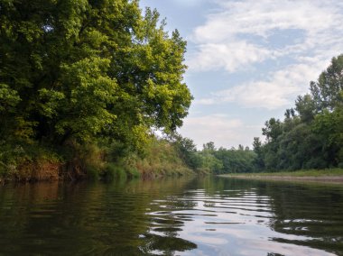 Güneşli bir gün, doğada bulutlar, nehir manzarası ve yaz boyunca ormanlık nehir bölgesi..