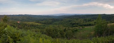 Alacakaranlıkta çayırlarla ve yaprak döken ormanlarla dolu tepe manzarası, Vucijak dağının yamaçlarındaki kırsal manzara.