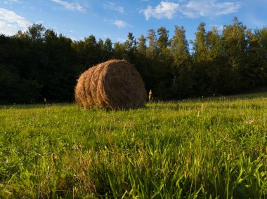 Akşam güneşiyle aydınlatılan saman balyasıyla yaz mevsiminde gökyüzünde bulutlar
