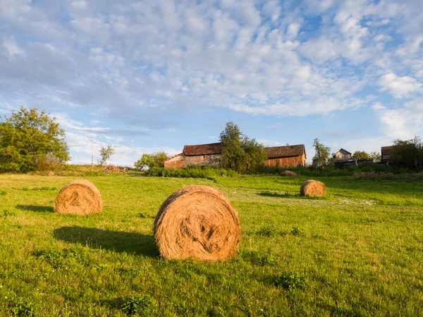 Field Roll Hay Bales Lit Evening Sun Clouds Sky Summer — Stock Photo, Image