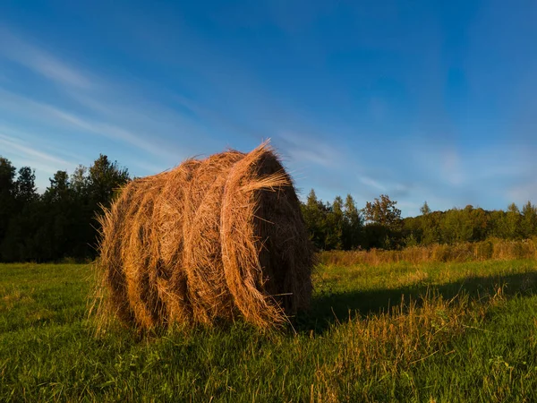 Long Exposure Shot Single Haystack Meadow Summer Evening Cattle Fodder — Stock Photo, Image