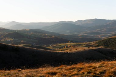 Sabahın erken saatlerinde otlakların aydınlatıldığı dağlık kırsal manzara ve Zlatibor Dağı 'ndaki puslu dağlar, Ekim ayında Sırbistan kırsalını, sonbahar mevsimini ziyaret ediyor