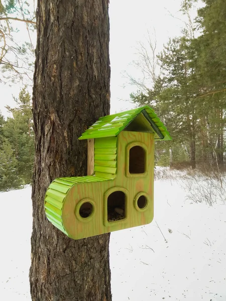 Leuchtend grüne Vogelfutterhäuschen im Winterwald. Vogelfutterstelle — Stockfoto