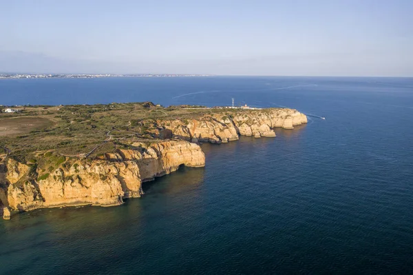 Ponta Piedade Lighthouse Portuguese Southern Golden Coast Cliffs Aerial View — Stock Photo, Image