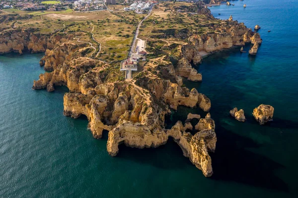 Faro Ponta Piedade Portoghese Scogliere Costa Dorata Meridionale Vista Aerea — Foto Stock