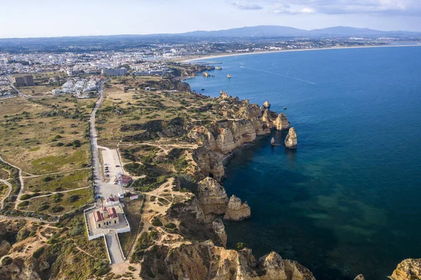Ponta Piedade Vuurtoren Portugese Zuidelijke Gouden Kust Kliffen Uitzicht Vanuit — Stockfoto
