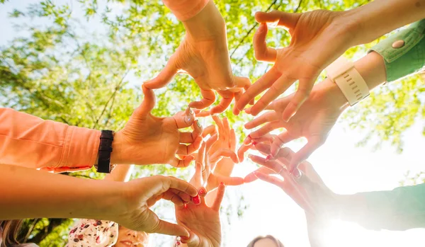 Hands of young people in the nature, team concept