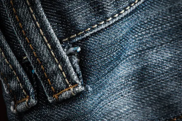 Närbild Blå Jeans Denim Bakgrund Och Texture Denim Kläder Etikett — Stockfoto