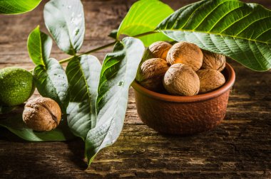 bowl with fresh walnuts, leaves and nut shell on gray stone background. Autumn seasonal.