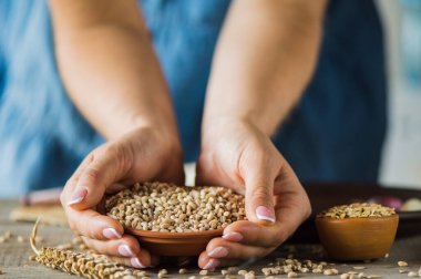 girl holds a grain in her hands.Good harvest