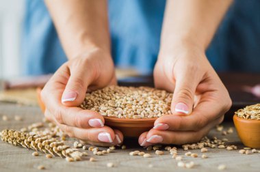 girl holds a grain in her hands.Good harvest