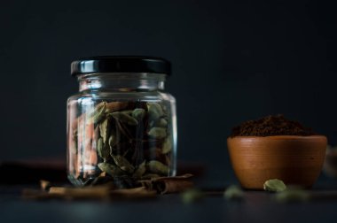 Ground coffee and spices, star anise, cinnamon