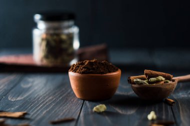 Ground coffee and spices, star anise, cinnamon