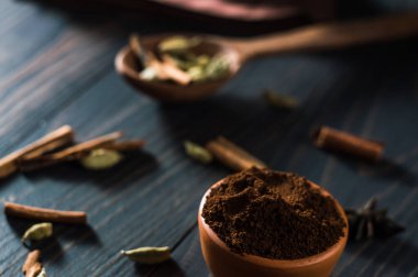Ground coffee and spices, star anise, cinnamon