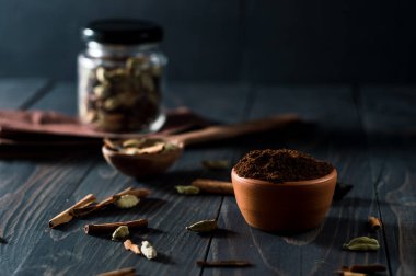 Ground coffee and spices, star anise, cinnamon