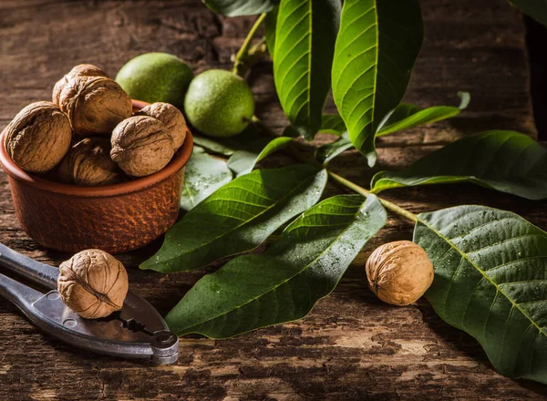 Bowl Fresh Walnuts Leaves Nut Shell Gray Stone Background Autumn — Φωτογραφία Αρχείου