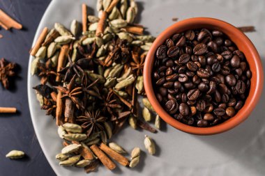 fragrant arabica coffee.Ground coffee and spices, star anise, cinnamon